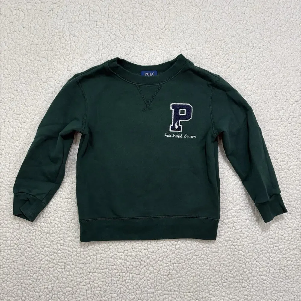 Polo Ralph Lauren Sweatshirt Boys Sz 5 Varsity Letterman Patch Crewneck Sweater‎